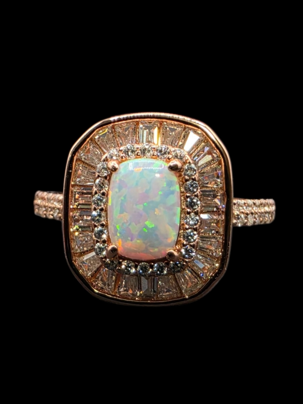 Luxury 14K Rose Gold Over 925 Silver White Opal Fireworks Halo Ring Size 8